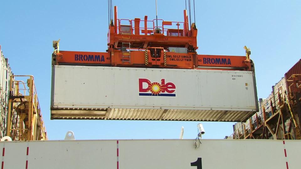 Crane lifts Dole container onto a cargo ship